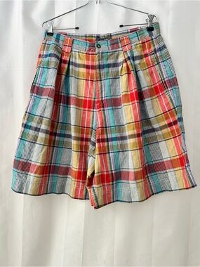 Liz Wear Vintage Size 14 Madras High Waist Plaid Cotton Shorts Preppy